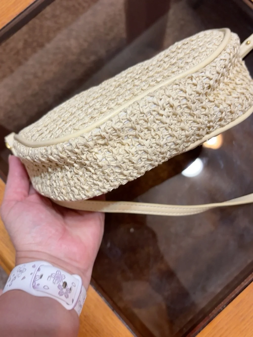Cream Woven Raffia Mini Crossbody Clutch Bag Sculptural Gold Hardware